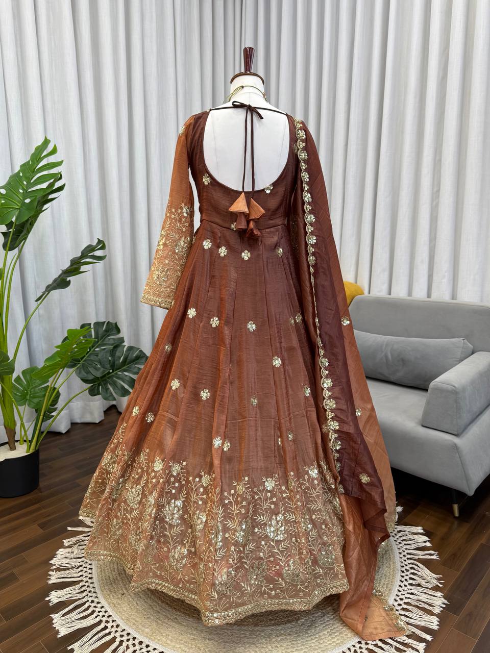 Embroidered Silk Anarkali Suit Set with Dupatta & Bottom – Available in Wine & Brown | Festive Wear for Women