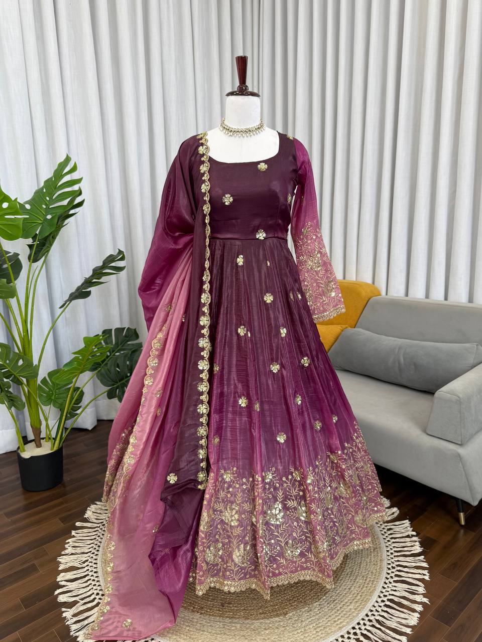 Embroidered Silk Anarkali Suit Set with Dupatta & Bottom – Available in Wine & Brown | Festive Wear for Women