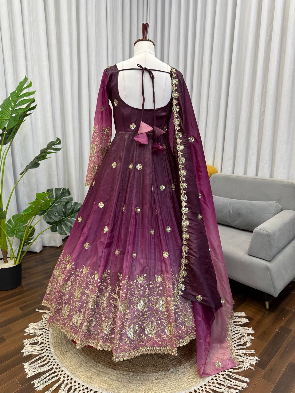 Embroidered Silk Anarkali Suit Set with Dupatta & Bottom – Available in Wine & Brown | Festive Wear for Women