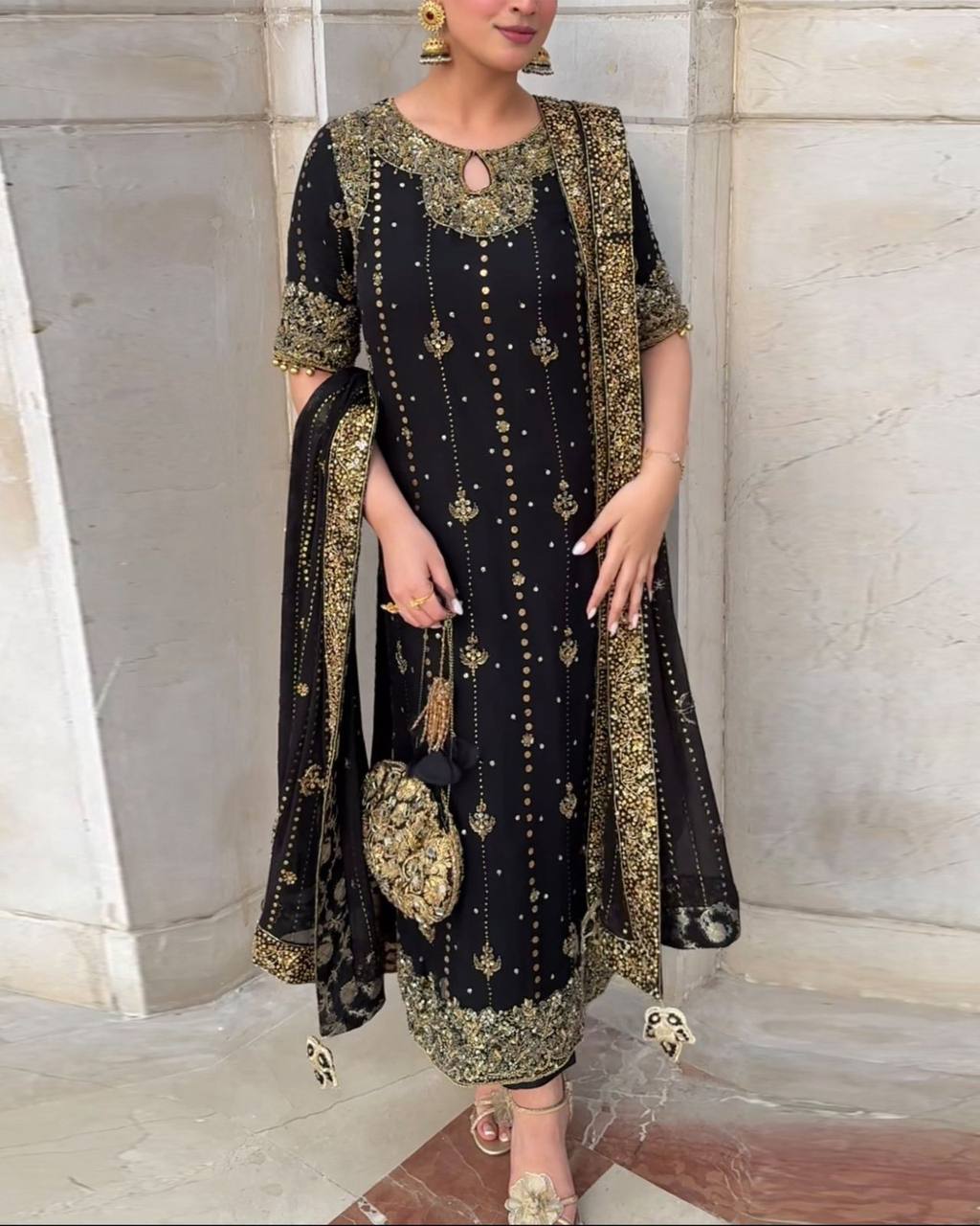 Black Embroidered Straight Kurta Set with Dupatta & Bottom – Elegant Festive Wear for Women