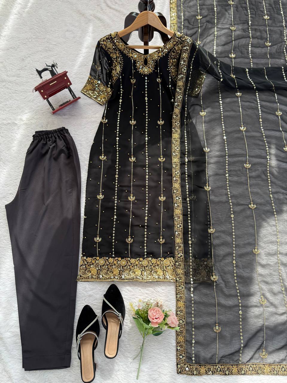 Black Embroidered Straight Kurta Set with Dupatta & Bottom – Elegant Festive Wear for Women