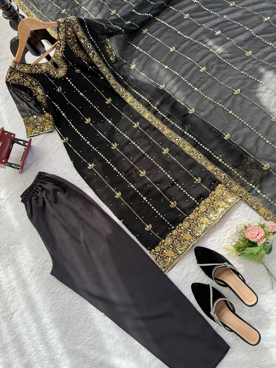 Black Embroidered Straight Kurta Set with Dupatta & Bottom – Elegant Festive Wear for Women