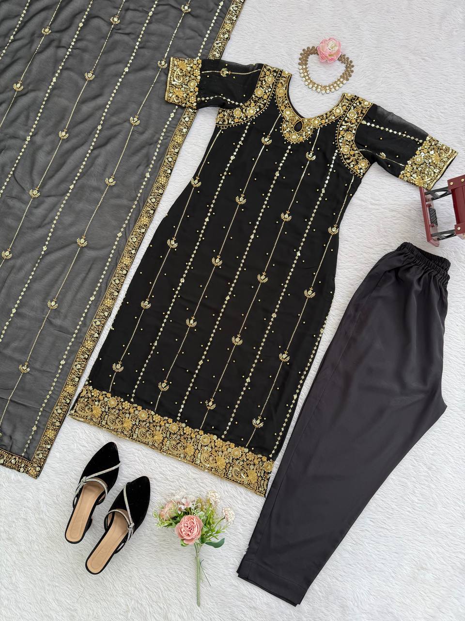 Black Embroidered Straight Kurta Set with Dupatta & Bottom – Elegant Festive Wear for Women