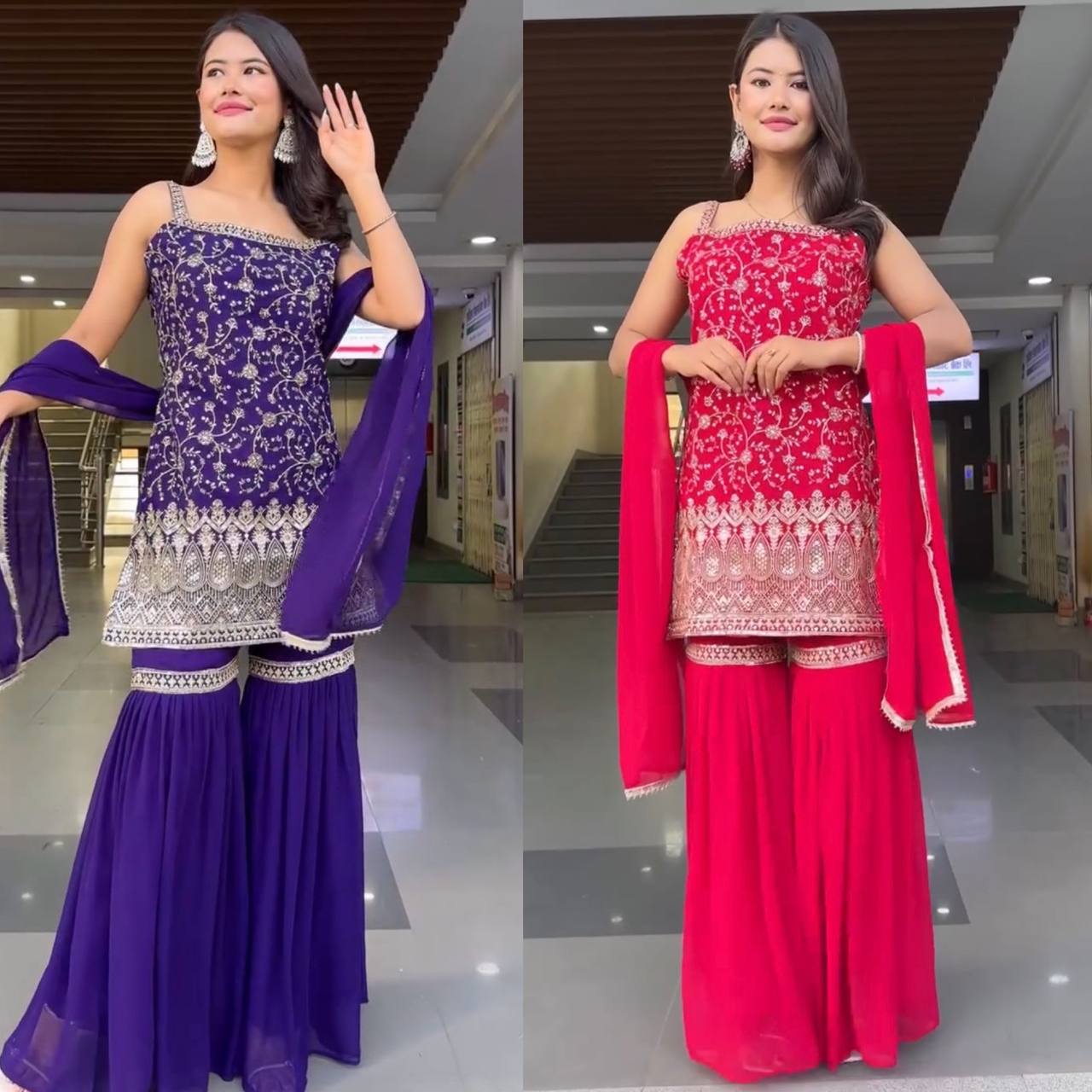 Embroidered Sleeveless Kurti Sharara Set with Dupatta – 2 Color Options (Pink & Purple) | Festive Party Wear for Women