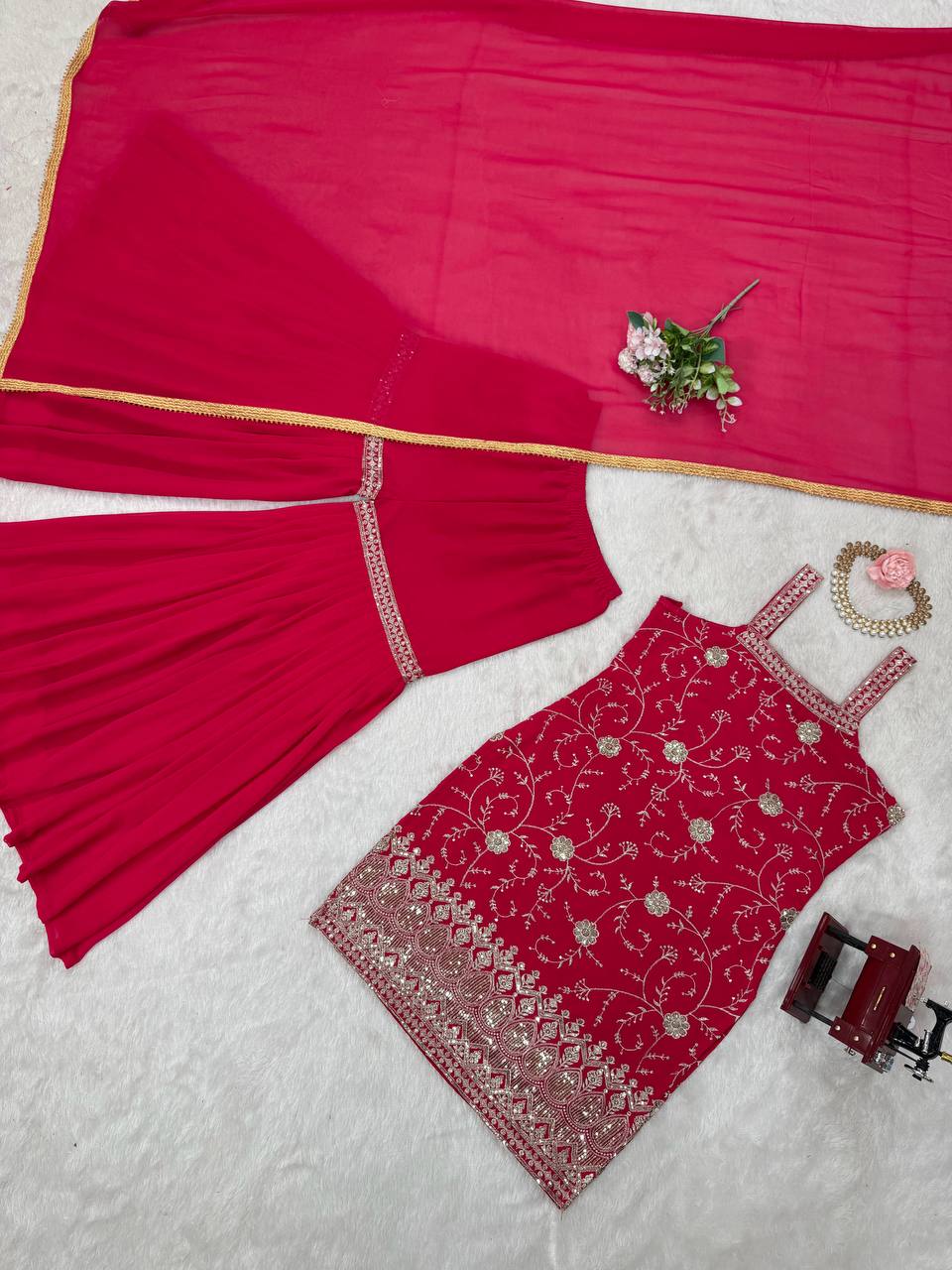 Embroidered Sleeveless Kurti Sharara Set with Dupatta – 2 Color Options (Pink & Purple) | Festive Party Wear for Women