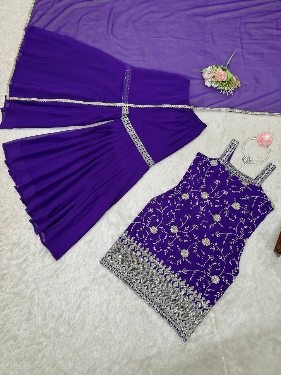 Embroidered Sleeveless Kurti Sharara Set with Dupatta – 2 Color Options (Pink & Purple) | Festive Party Wear for Women