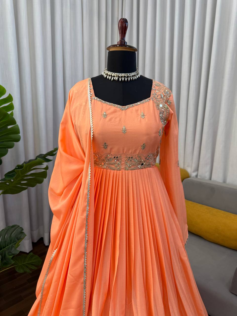 Embroidered Anarkali Suit Set with Dupatta & Bottom – 2 Color Options (Red & Orange ) | Festive Wear for Women