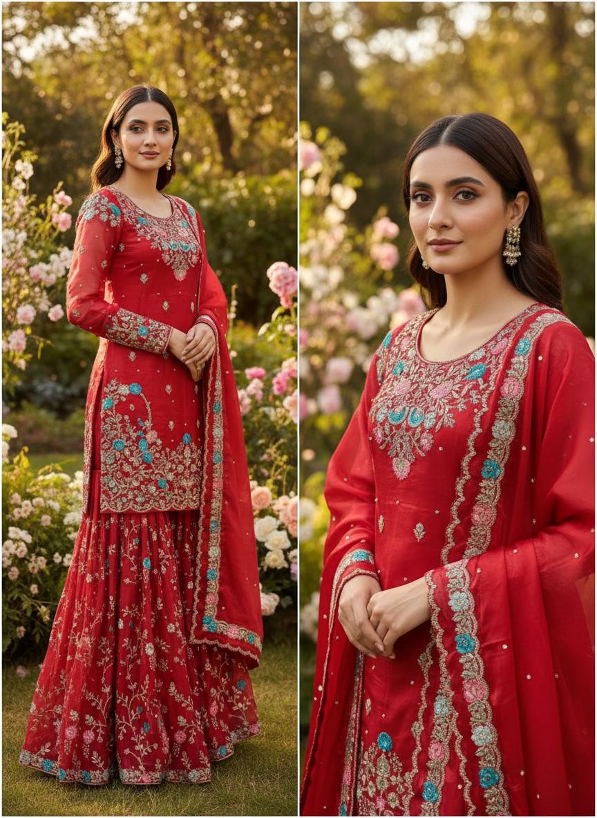 Heavy Embroidered Kurta Sharara Set with Dupatta | 5 Color Options