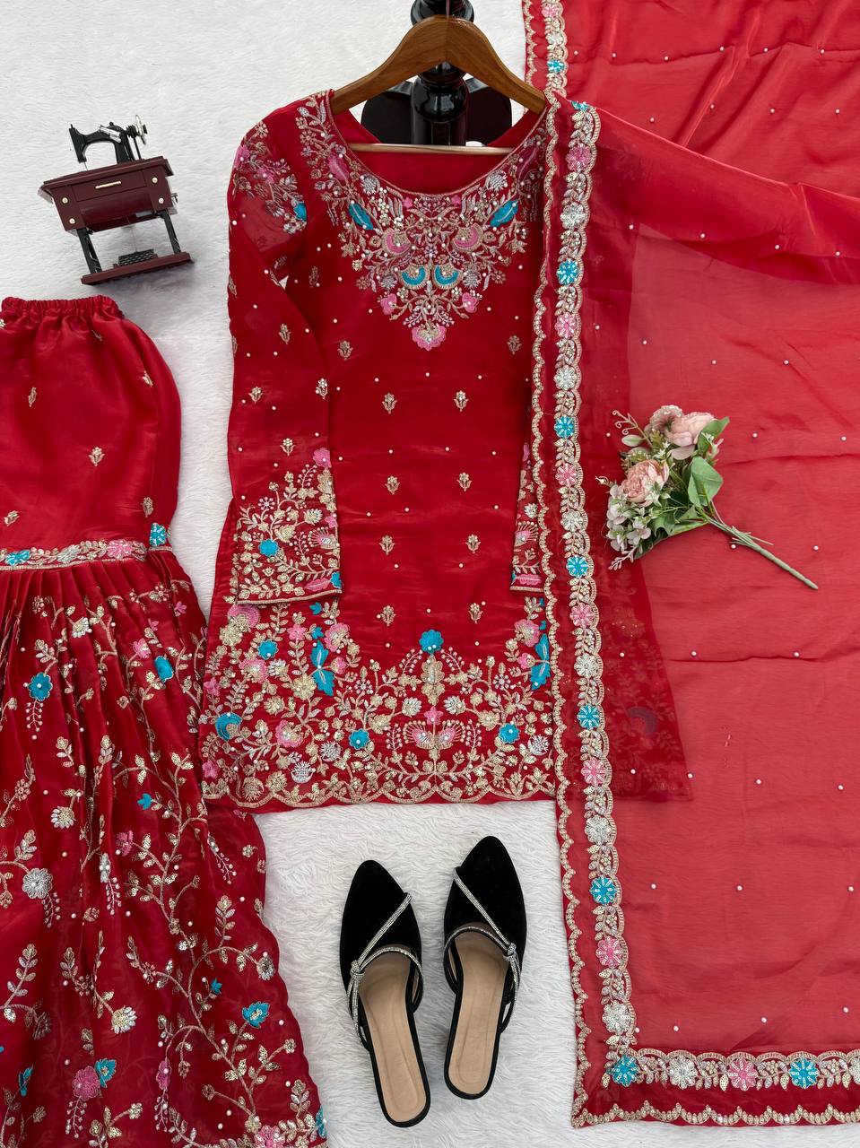 Heavy Embroidered Kurta Sharara Set with Dupatta | 5 Color Options