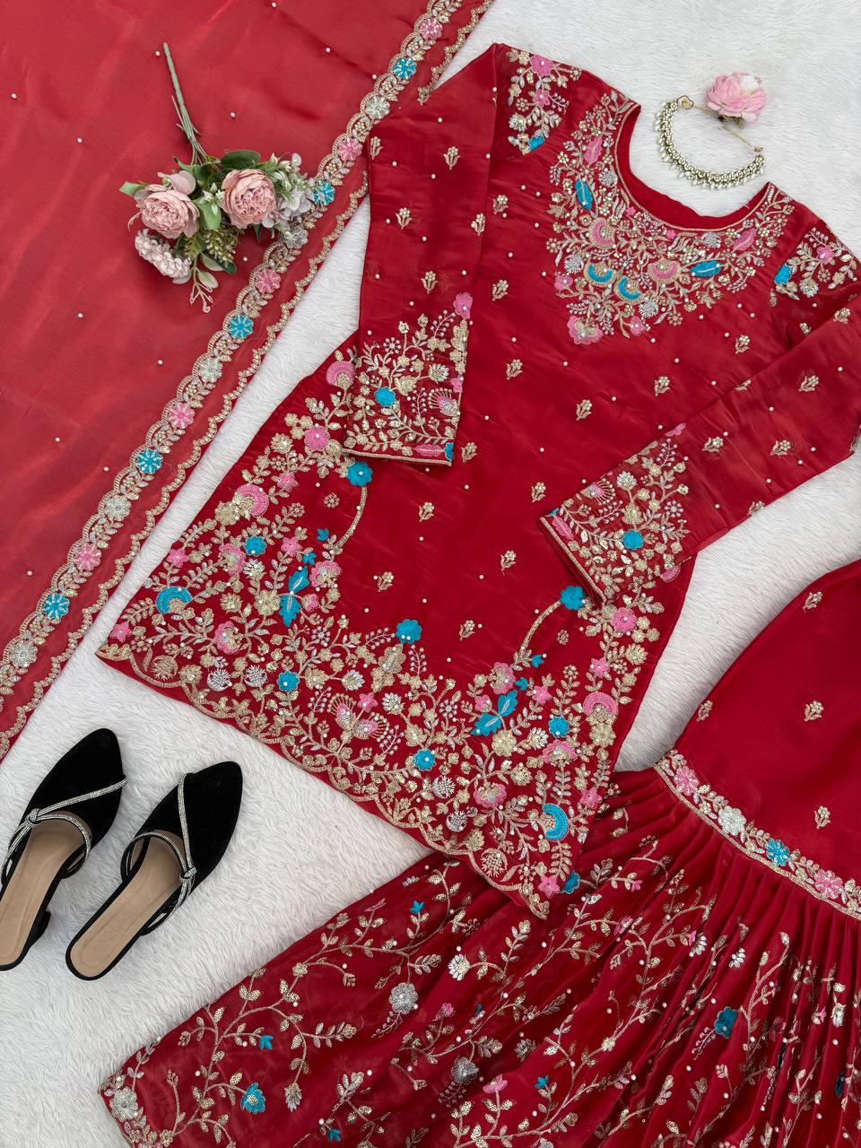 Heavy Embroidered Kurta Sharara Set with Dupatta | 5 Color Options