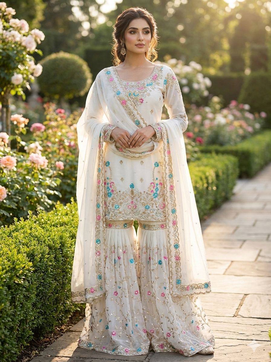 Heavy Embroidered Kurta Sharara Set with Dupatta | 5 Color Options