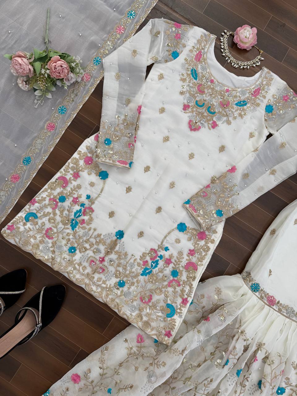 Heavy Embroidered Kurta Sharara Set with Dupatta | 5 Color Options
