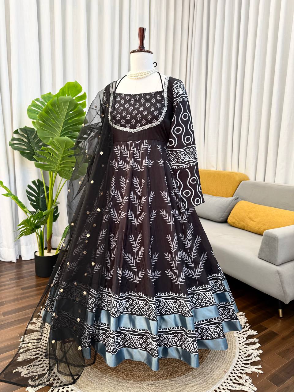 Black & White Printed Anarkali Kurta Set with Bottom – Stylish Everyday Ethnic Wear for Women