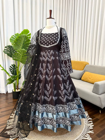 Black & White Printed Anarkali Kurta Set with Bottom – Stylish Everyday Ethnic Wear for Women