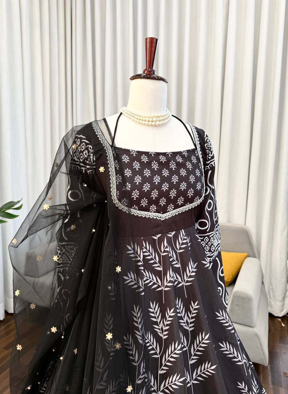 Black & White Printed Anarkali Kurta Set with Bottom – Stylish Everyday Ethnic Wear for Women