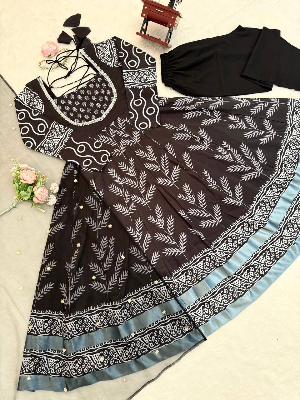 Black & White Printed Anarkali Kurta Set with Bottom – Stylish Everyday Ethnic Wear for Women