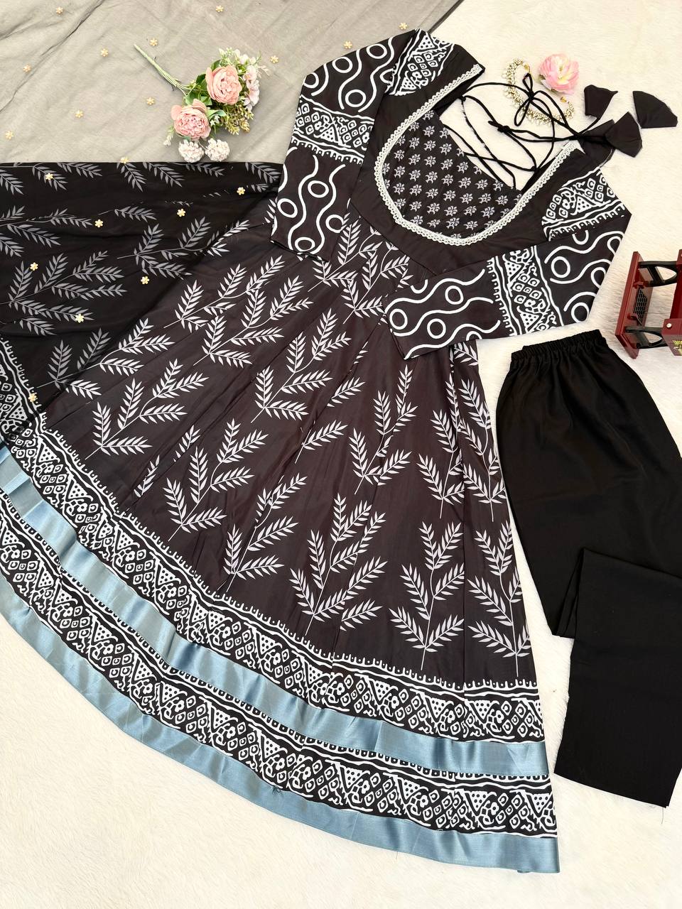 Black & White Printed Anarkali Kurta Set with Bottom – Stylish Everyday Ethnic Wear for Women