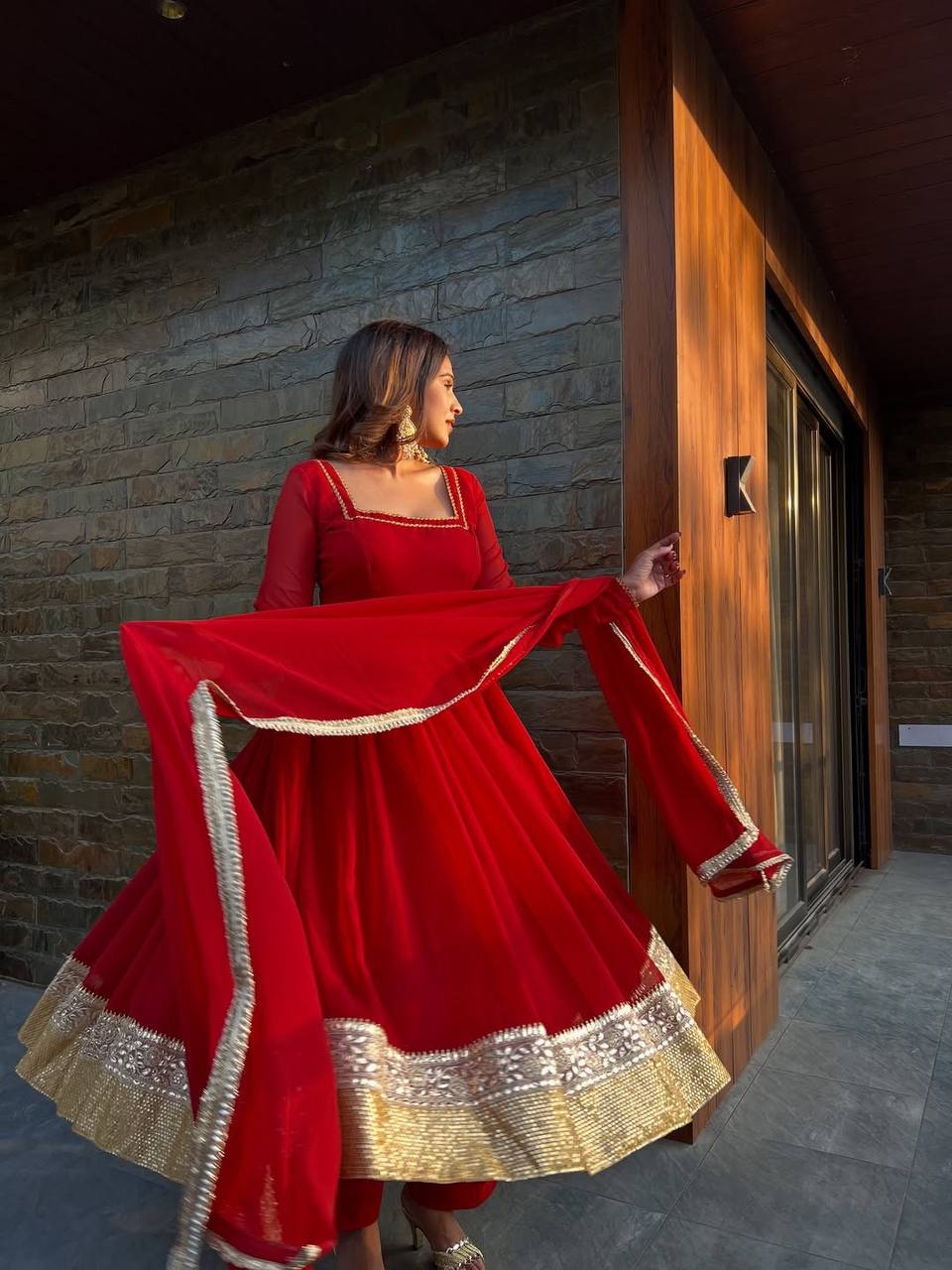 Red Pleated Anarkali Suit Set with Dupatta & Bottom – Heavy Border Festive Wear for Women