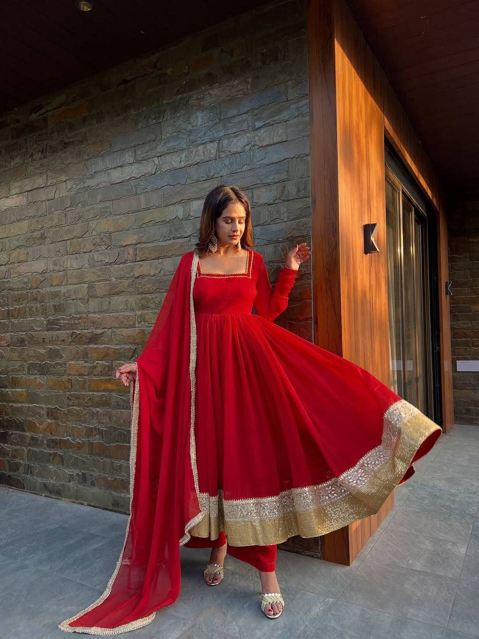 Red Pleated Anarkali Suit Set with Dupatta & Bottom – Heavy Border Festive Wear for Women