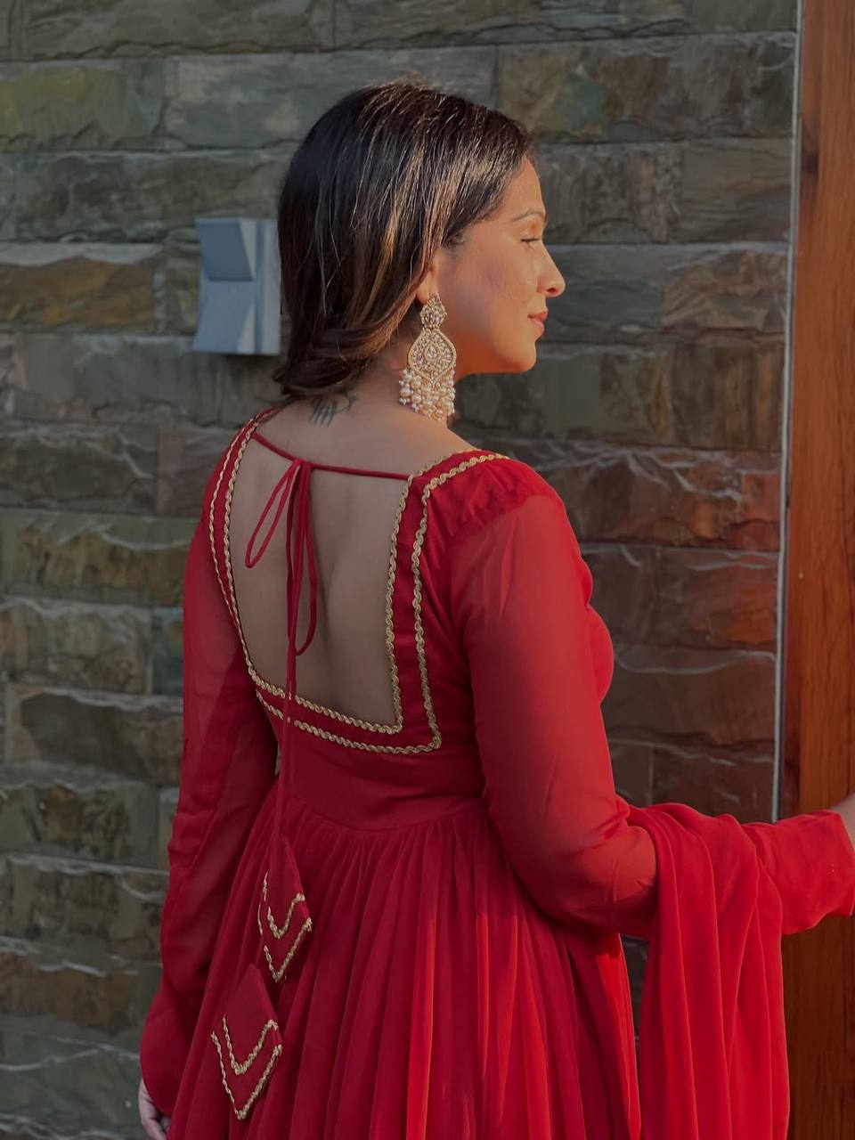 Red Pleated Anarkali Suit Set with Dupatta & Bottom – Heavy Border Festive Wear for Women