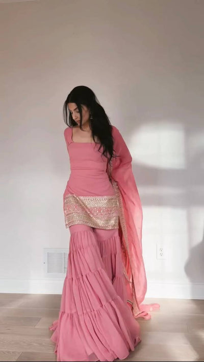 Baby Pink Embroidered Kurti Sharara Set with Dupatta – Elegant Festive Wear for Women