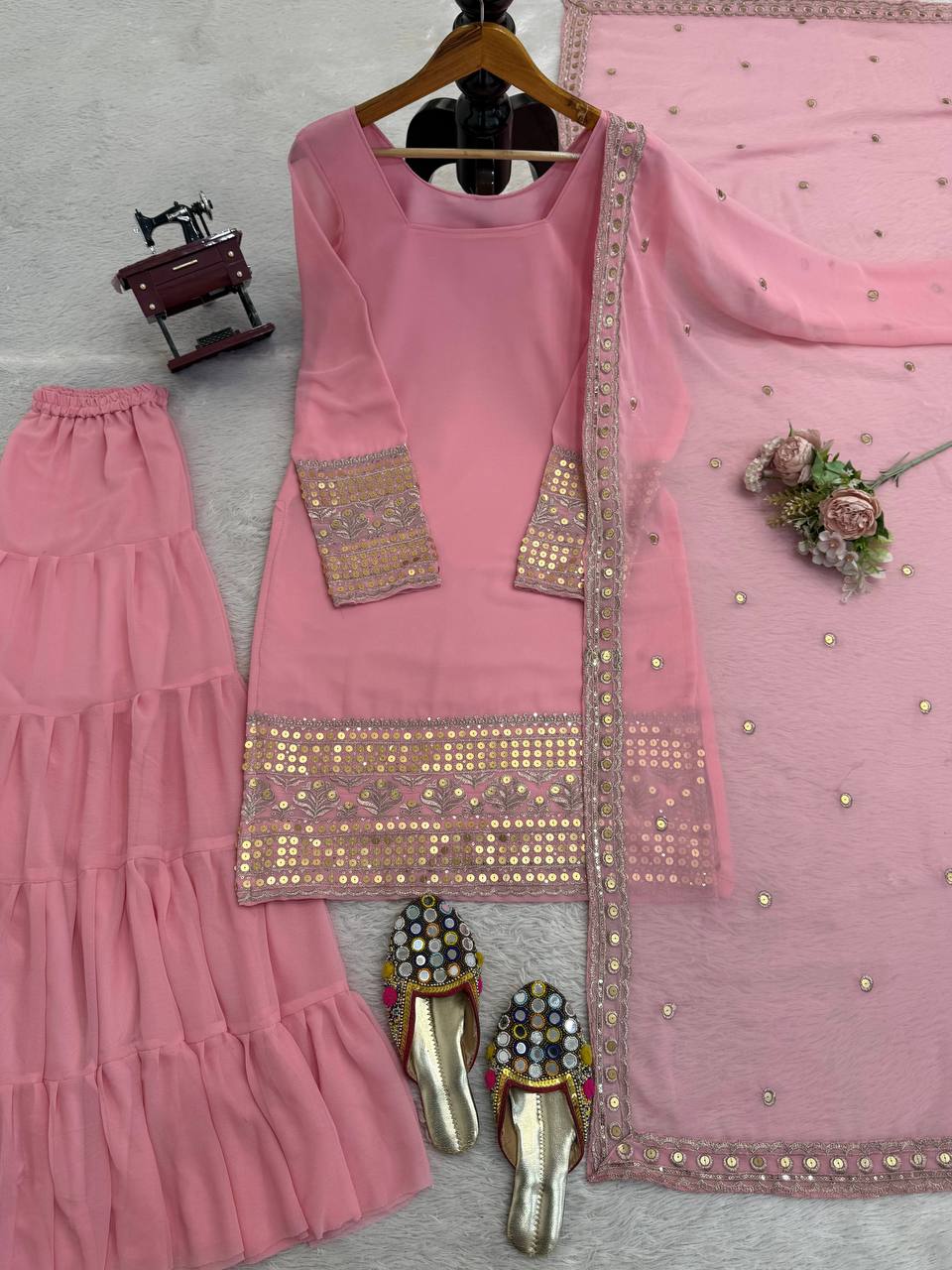 Baby Pink Embroidered Kurti Sharara Set with Dupatta – Elegant Festive Wear for Women