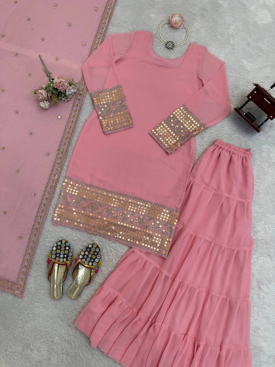 Baby Pink Embroidered Kurti Sharara Set with Dupatta – Elegant Festive Wear for Women