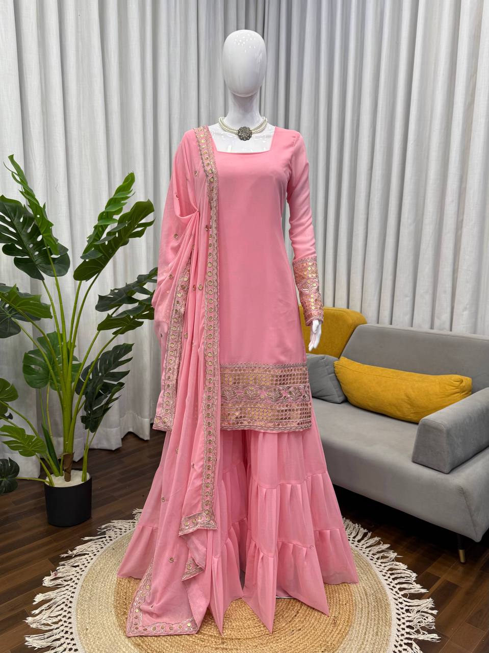 Baby Pink Embroidered Kurti Sharara Set with Dupatta – Elegant Festive Wear for Women