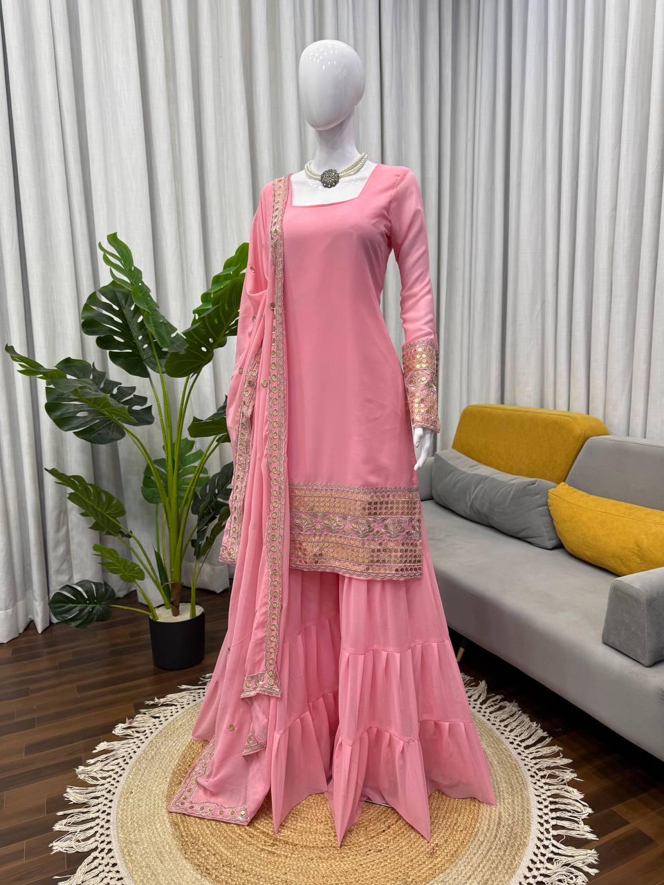 Baby Pink Embroidered Kurti Sharara Set with Dupatta – Elegant Festive Wear for Women