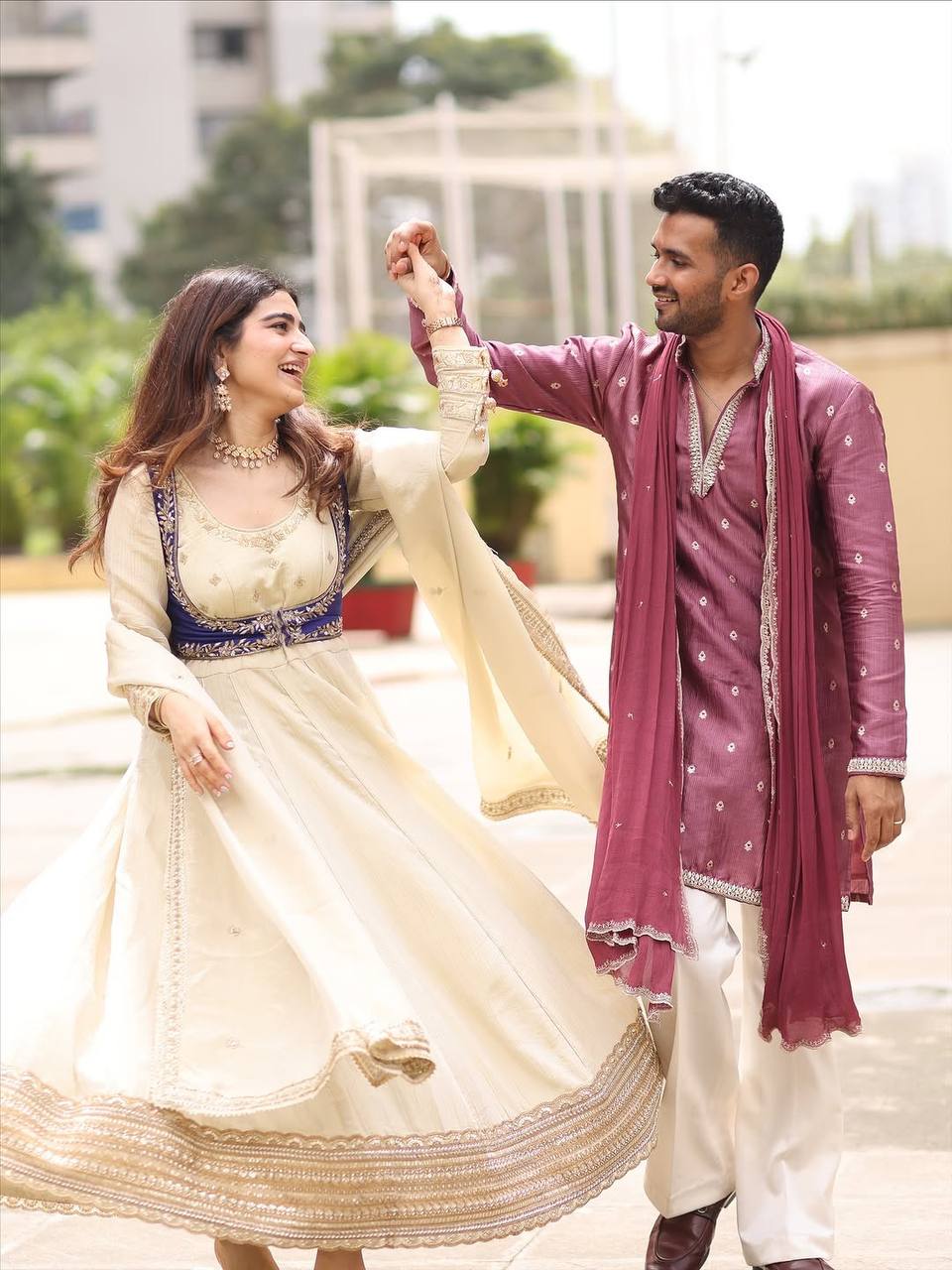 Off-White & Royal Blue Embroidered Anarkali Suit Set with Dupatta & Bottom – Elegant Festive Wear for Women