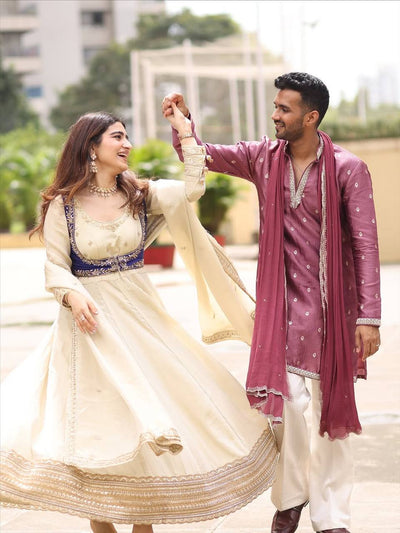 Off-White & Royal Blue Embroidered Anarkali Suit Set with Dupatta & Bottom – Elegant Festive Wear for Women