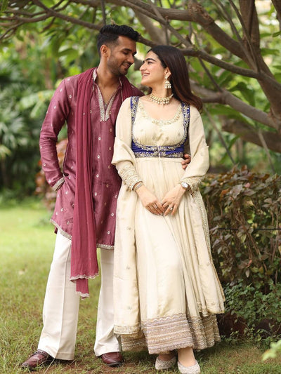 Off-White & Royal Blue Embroidered Anarkali Suit Set with Dupatta & Bottom – Elegant Festive Wear for Women