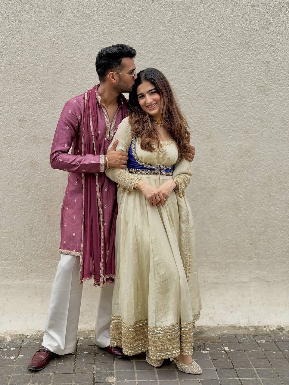 Off-White & Royal Blue Embroidered Anarkali Suit Set with Dupatta & Bottom – Elegant Festive Wear for Women