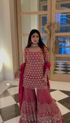 Red Heavy Embroidered Kurti Sharara Set with Dupatta – Wedding & Festive Wear for Women