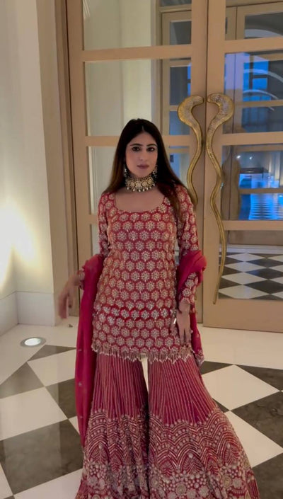 Red Heavy Embroidered Kurti Sharara Set with Dupatta – Wedding & Festive Wear for Women