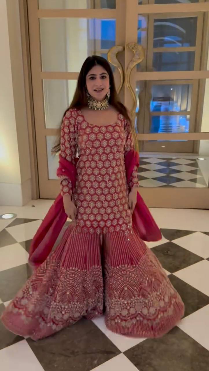 Red Heavy Embroidered Kurti Sharara Set with Dupatta – Wedding & Festive Wear for Women