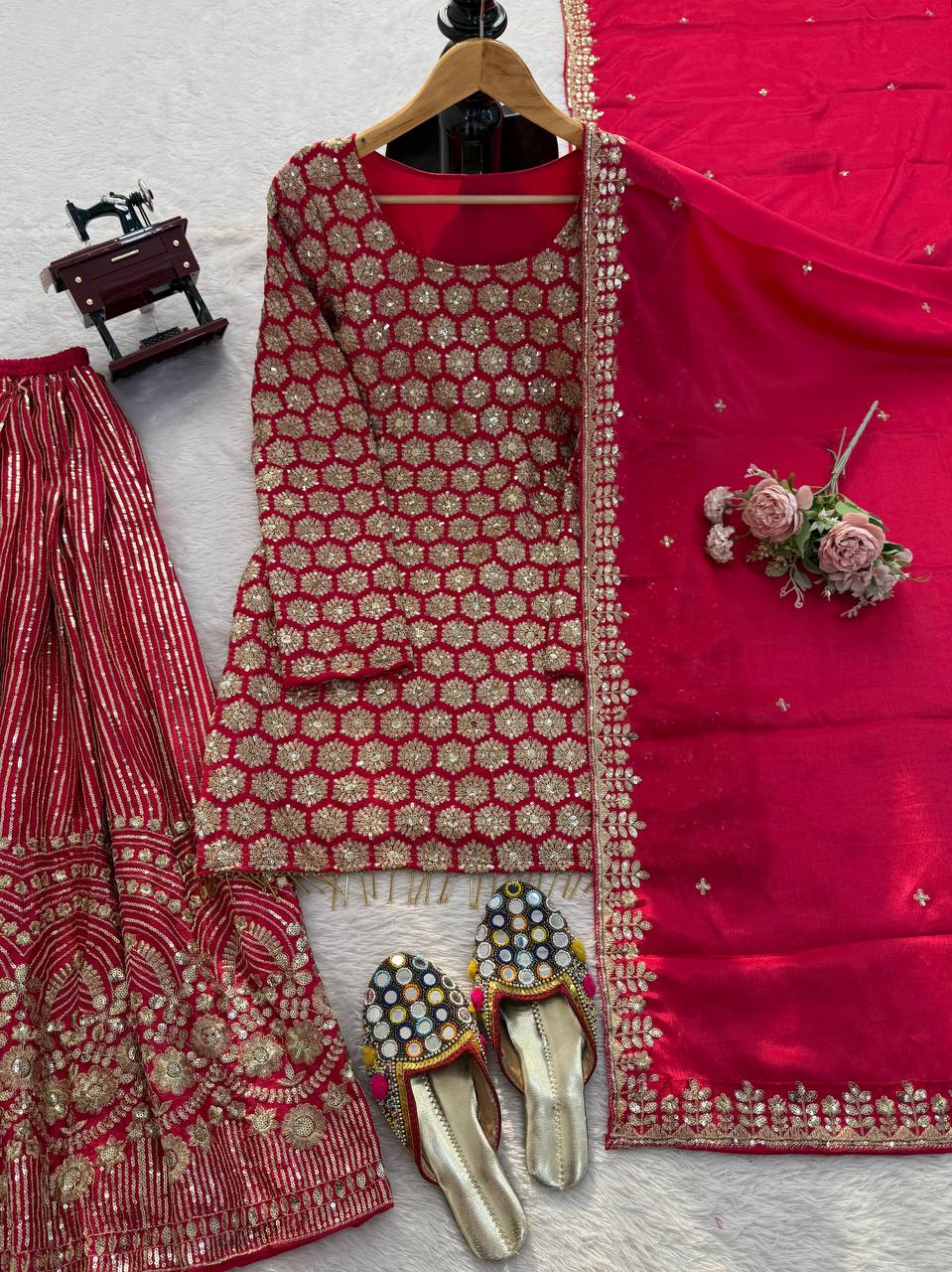 Red Heavy Embroidered Kurti Sharara Set with Dupatta – Wedding & Festive Wear for Women