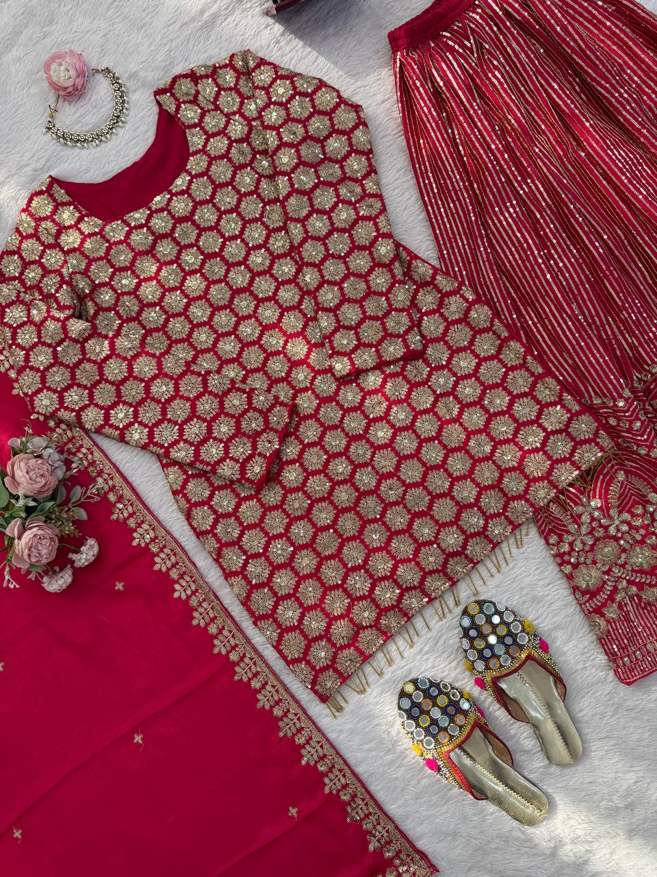 Red Heavy Embroidered Kurti Sharara Set with Dupatta – Wedding & Festive Wear for Women