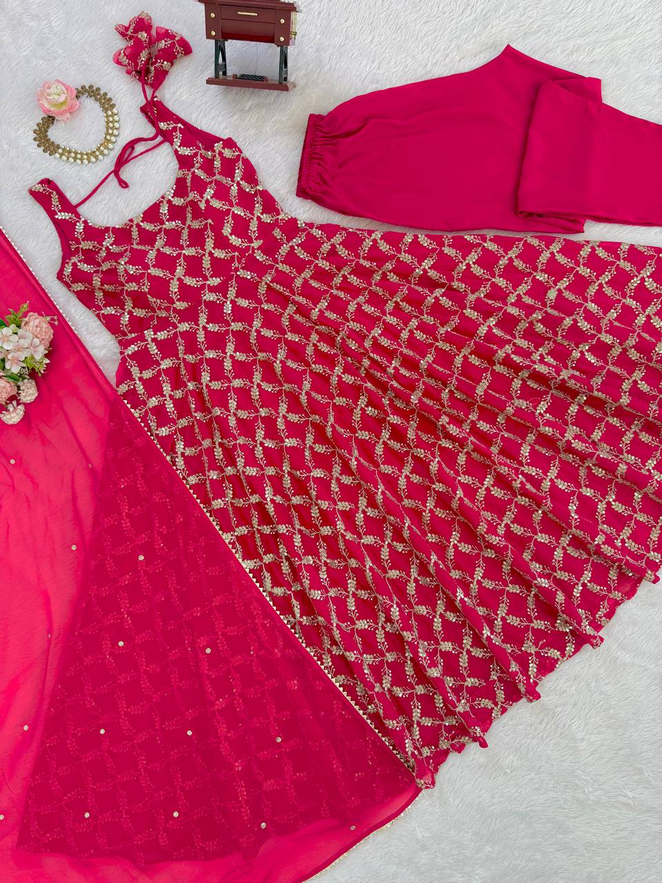 Rani Pink Embroidered Sleeveless Anarkali Suit Set with Dupatta & Bottom – Festive & Party Wear for Women