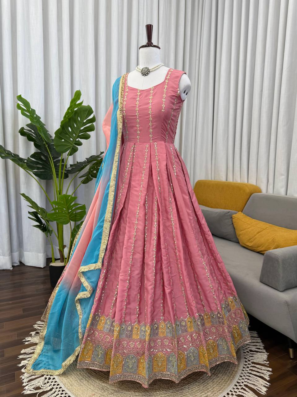 Dusty Rose Embroidered Sleeveless Anarkali Suit Set with Dupatta & Bottom – Festive & Party Wear for Women