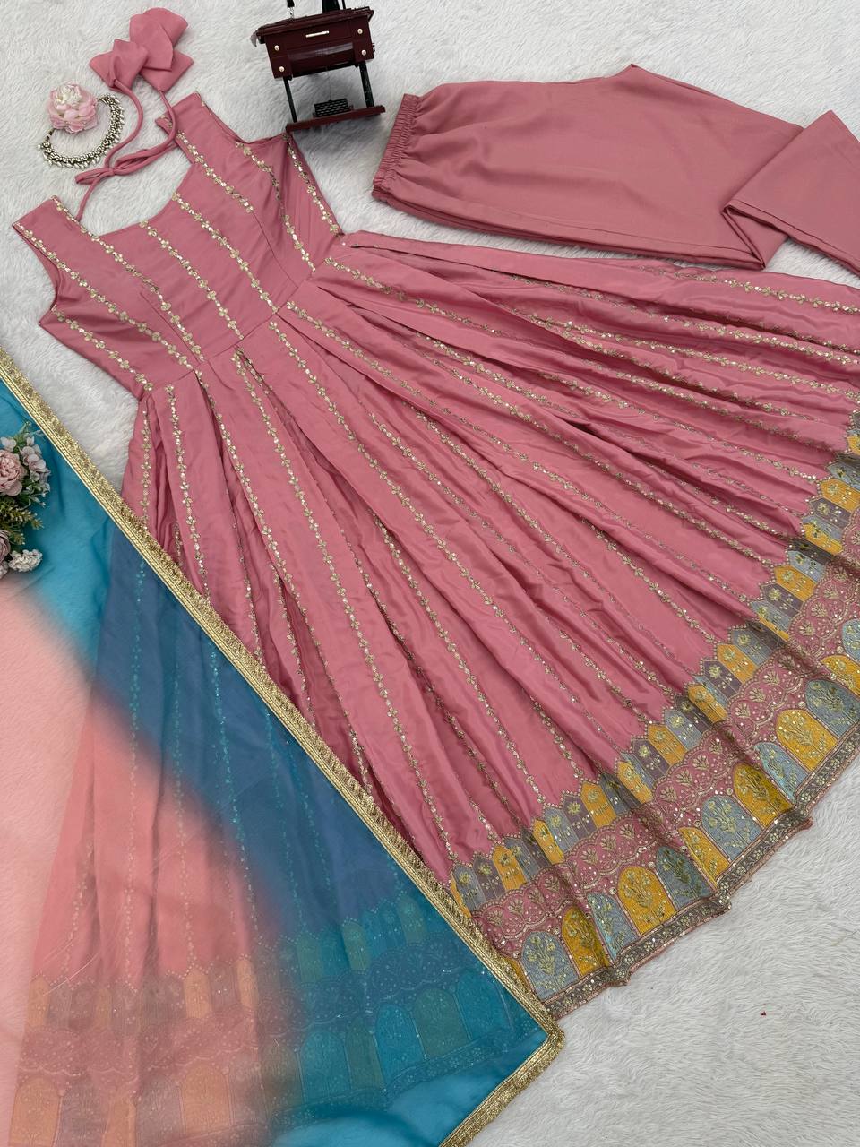 Dusty Rose Embroidered Sleeveless Anarkali Suit Set with Dupatta & Bottom – Festive & Party Wear for Women