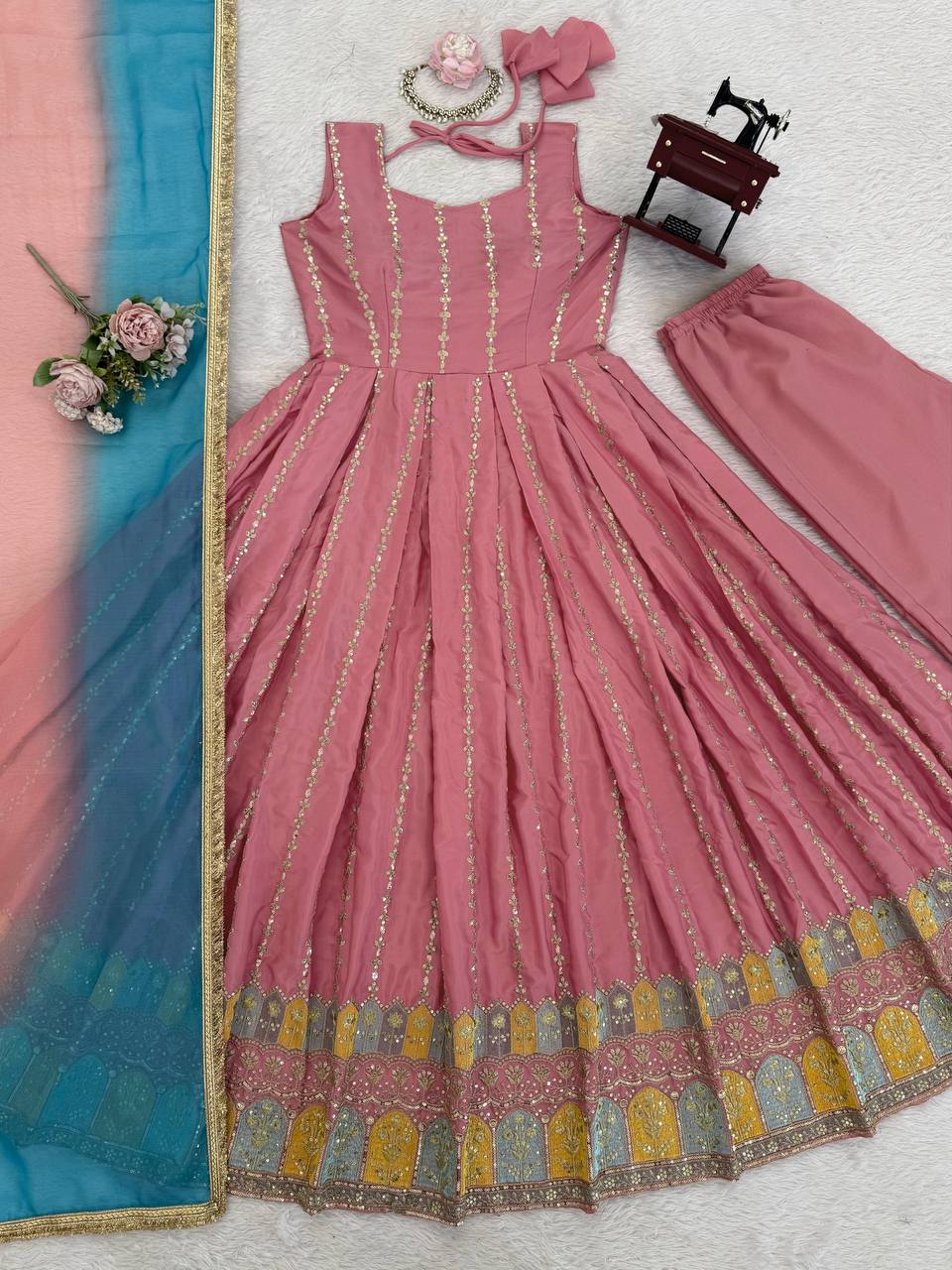 Dusty Rose Embroidered Sleeveless Anarkali Suit Set with Dupatta & Bottom – Festive & Party Wear for Women