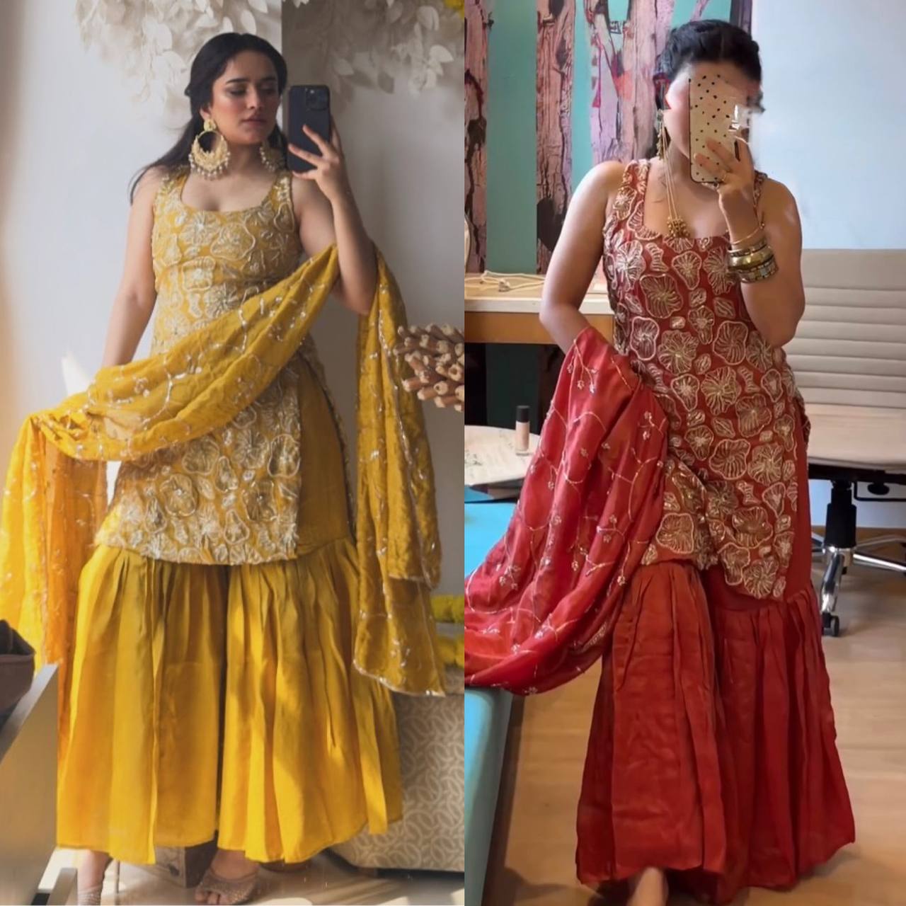 Heavy Embroidered Sleeveless Kurti Sharara Set with Dupatta – 2 Color Options (Red  & Mustard) | Festive Wear for Women