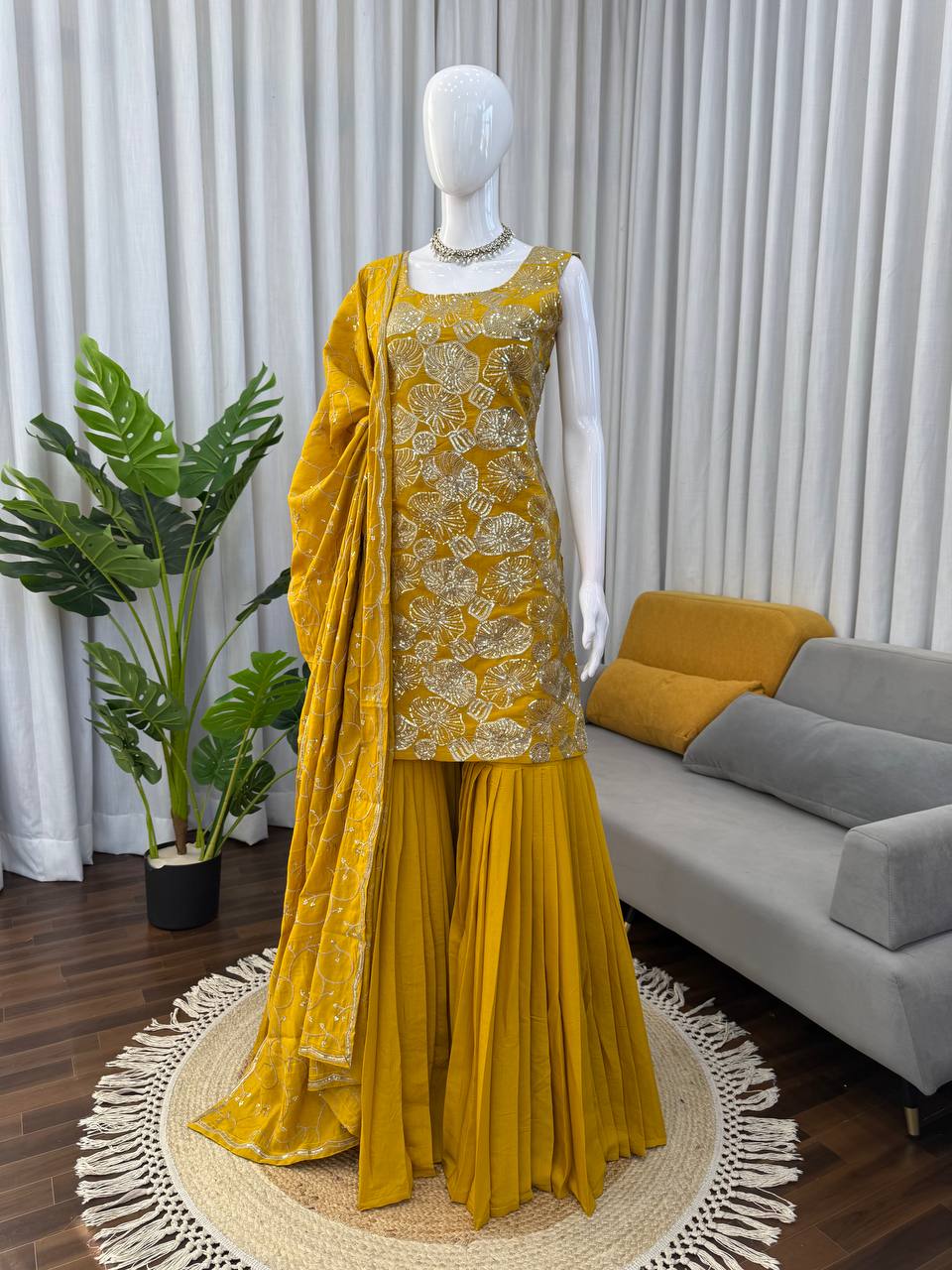 Heavy Embroidered Sleeveless Kurti Sharara Set with Dupatta – 2 Color Options (Red  & Mustard) | Festive Wear for Women