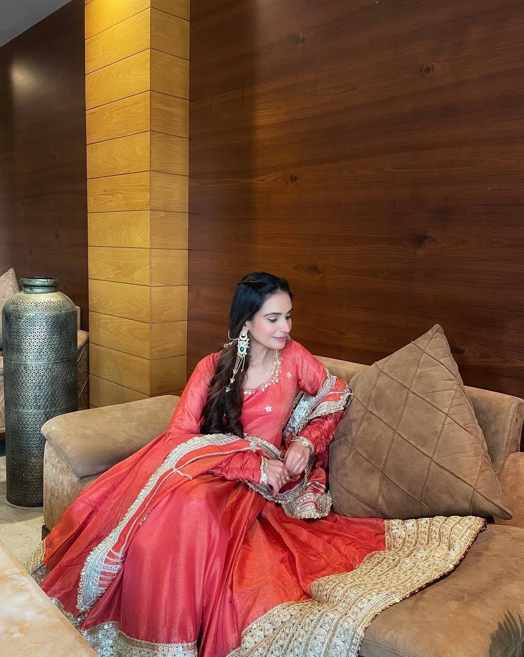 Coral Pink Silk Anarkali Suit Set with Embroidered Dupatta & Bottom – Festive & Wedding Wear for Women