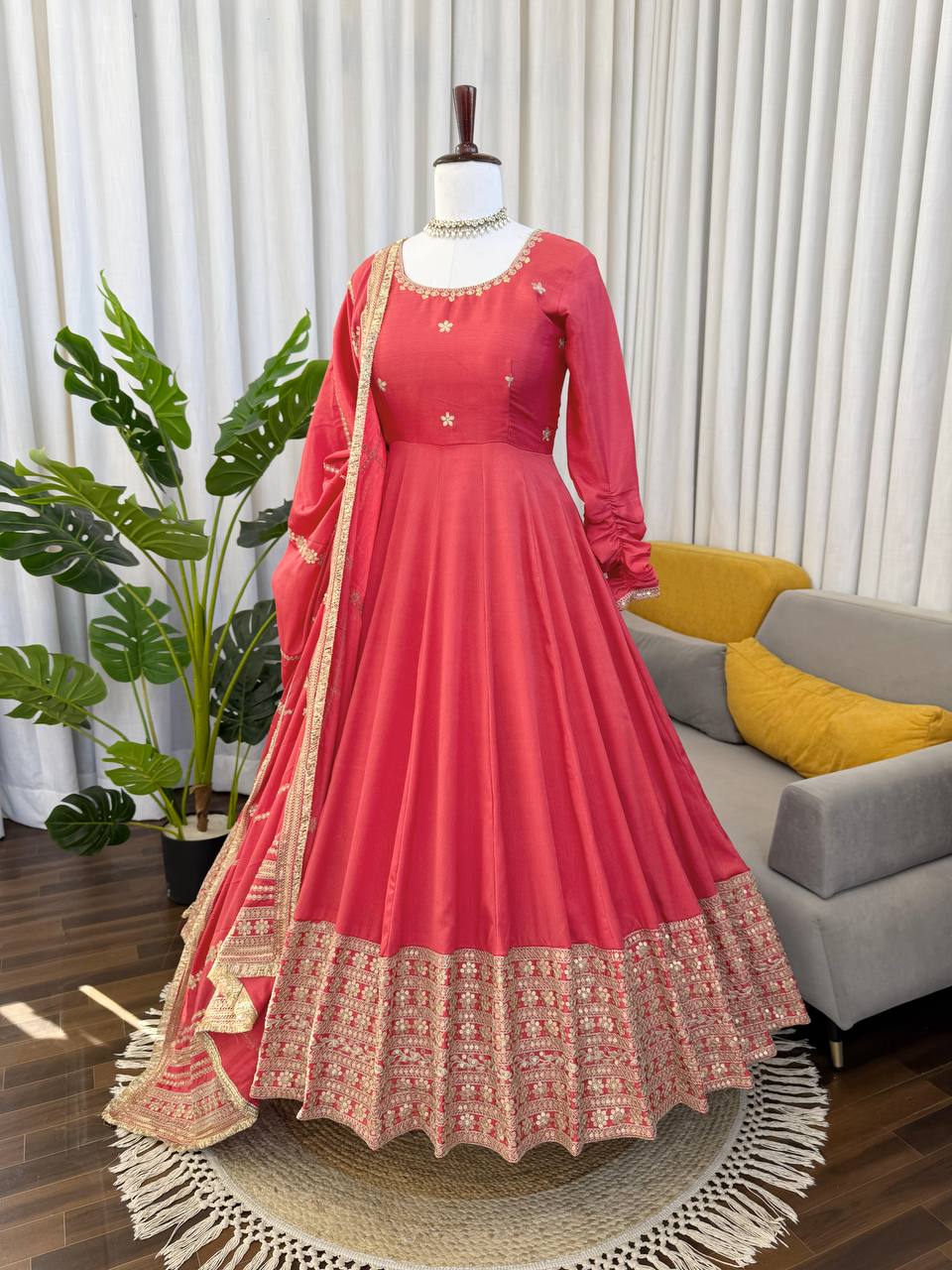 Coral Pink Silk Anarkali Suit Set with Embroidered Dupatta & Bottom – Festive & Wedding Wear for Women