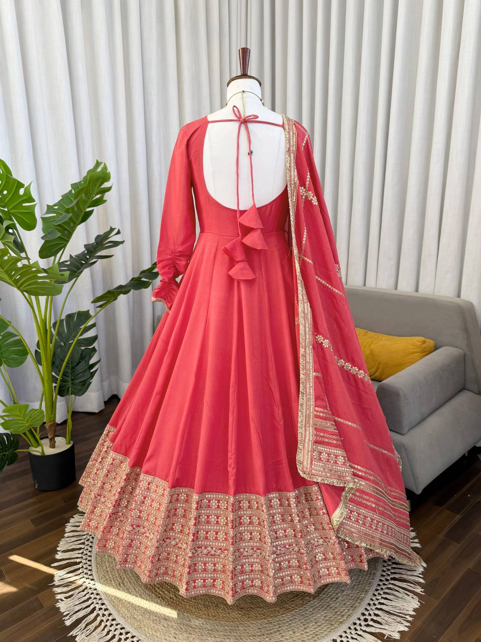 Coral Pink Silk Anarkali Suit Set with Embroidered Dupatta & Bottom – Festive & Wedding Wear for Women
