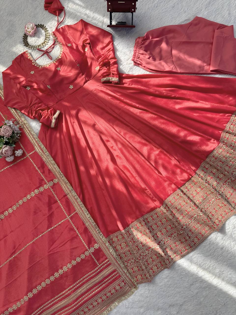 Coral Pink Silk Anarkali Suit Set with Embroidered Dupatta & Bottom – Festive & Wedding Wear for Women