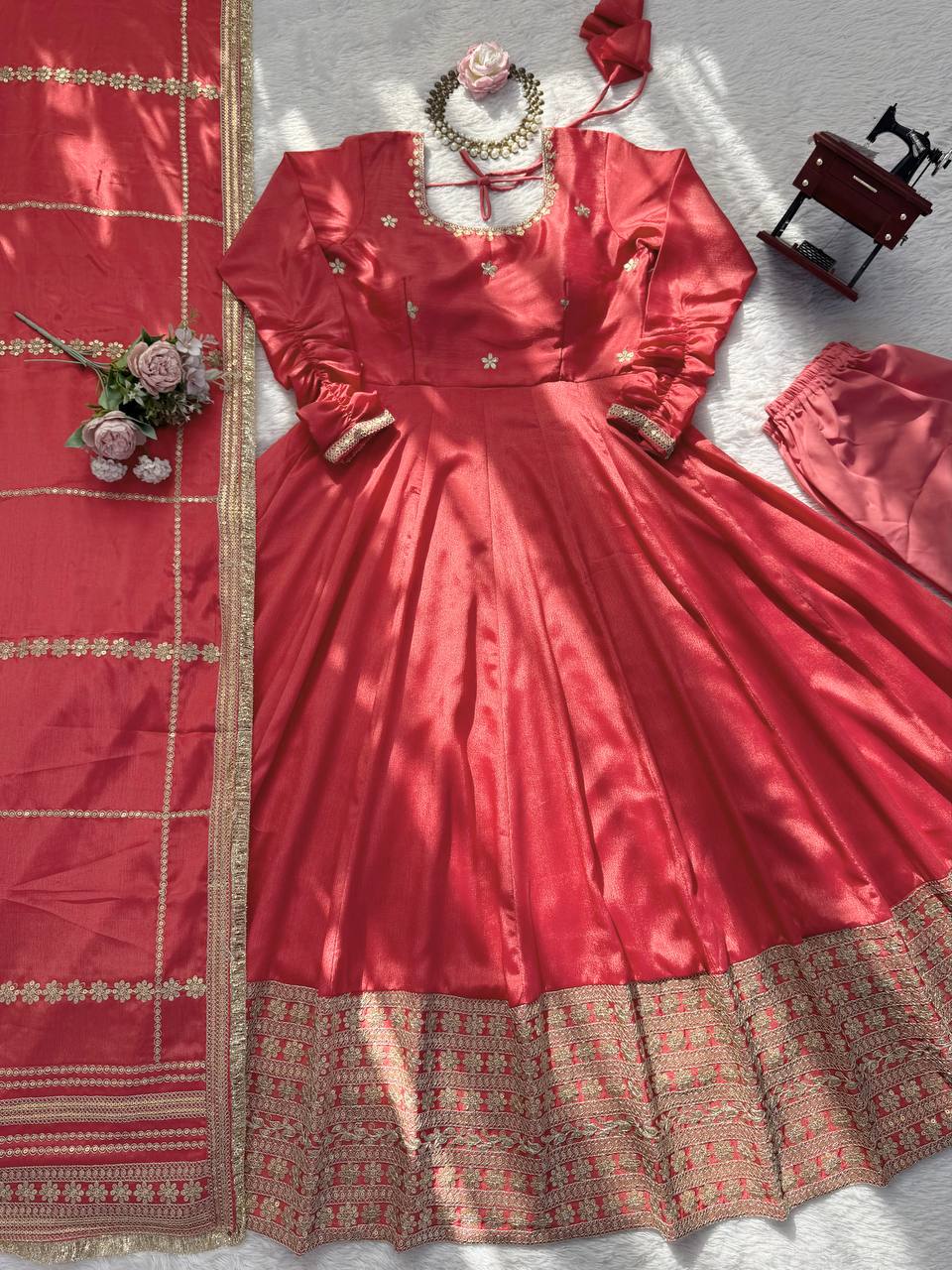 Coral Pink Silk Anarkali Suit Set with Embroidered Dupatta & Bottom – Festive & Wedding Wear for Women