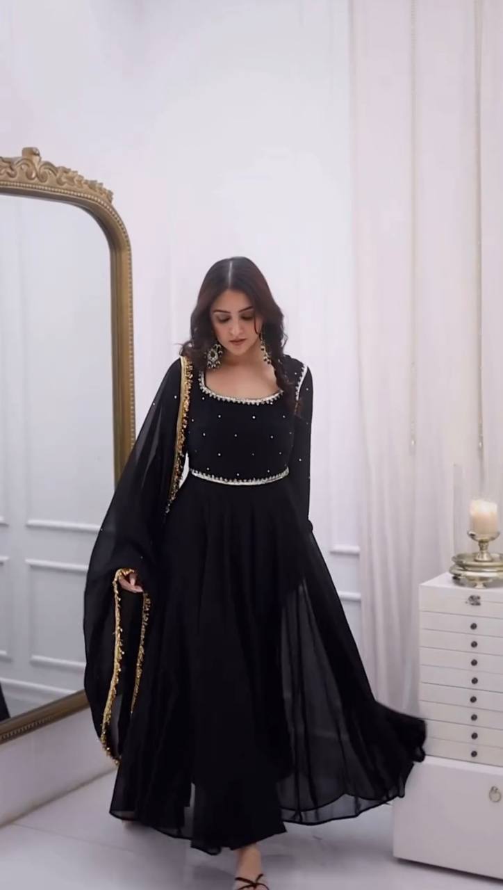 Black Embellished Anarkali Suit Set with Dupatta & Bottom – Elegant Festive & Party Wear for Women